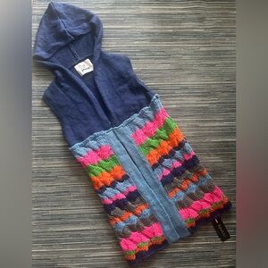 🆕 Anokhi Sz S Artisan Hooded Handknit Striped Vest Boho Open Cardigan Sleeveless